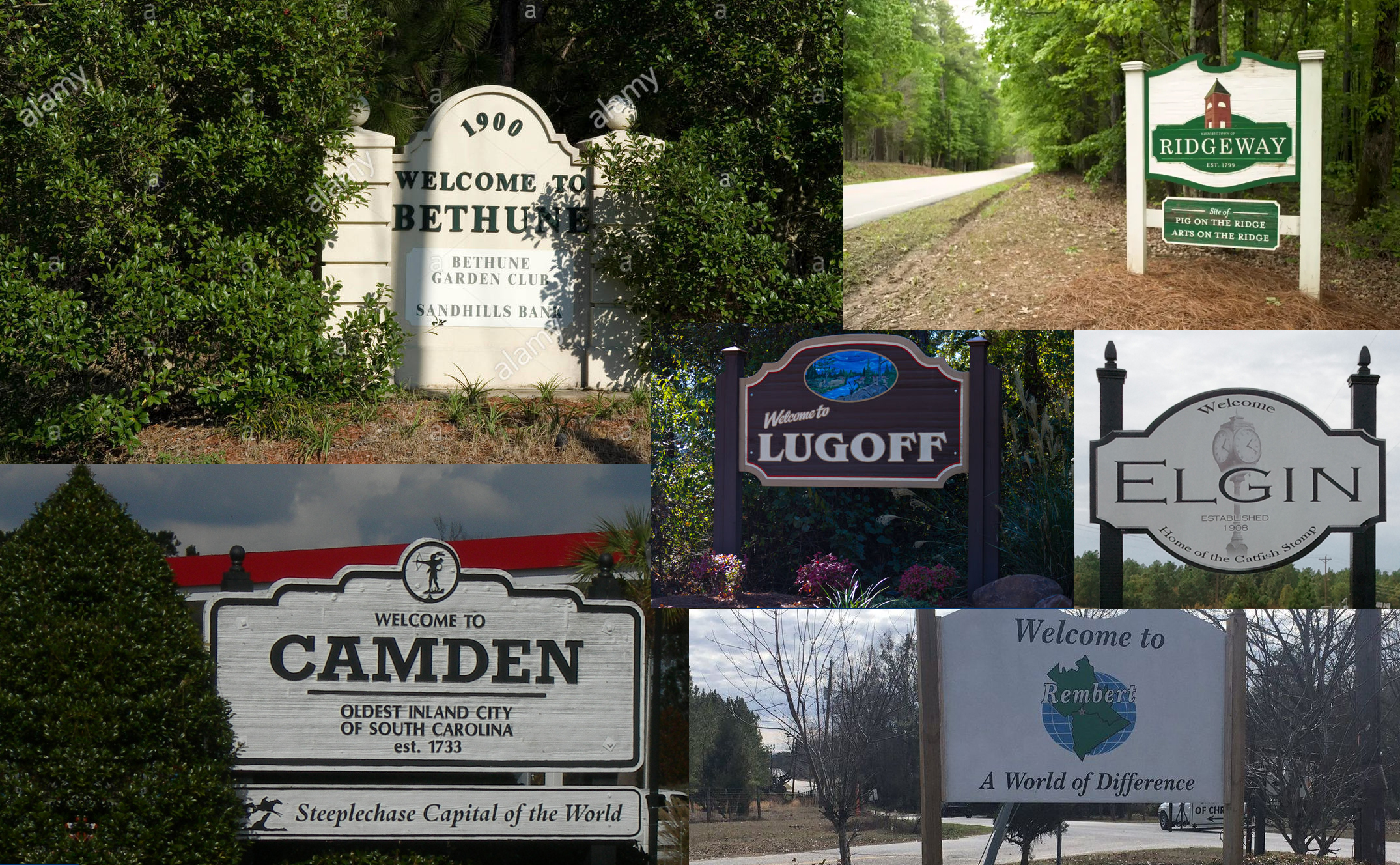Pictures of Welcome sign for Bethune, Rembert, Ridgeway, Camden, Lugoff, and Elgin