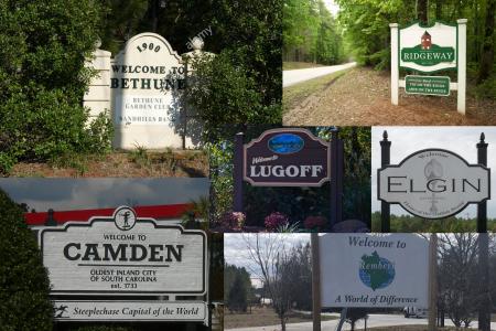 Pictures of Welcome sign for Bethune, Rembert, Ridgeway, Camden, Lugoff, and Elgin